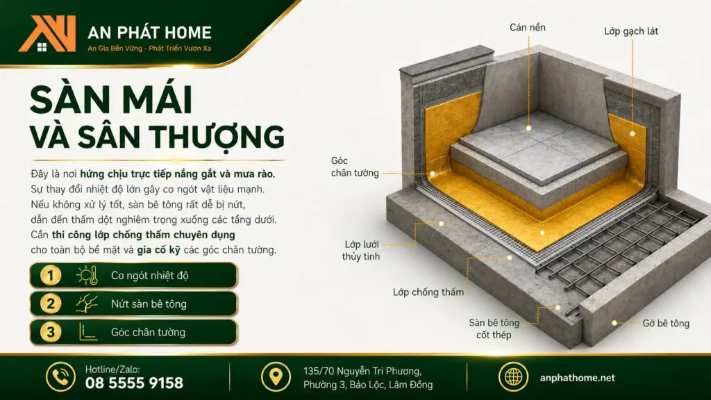 Vị trí chống thấm trên sàn mái thường tiếp xúc với nước mưa nên rất dễ bị thấm