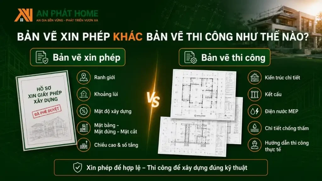 Bản vẽ xin giấy phép khác bản vẽ thi công như thế nào
