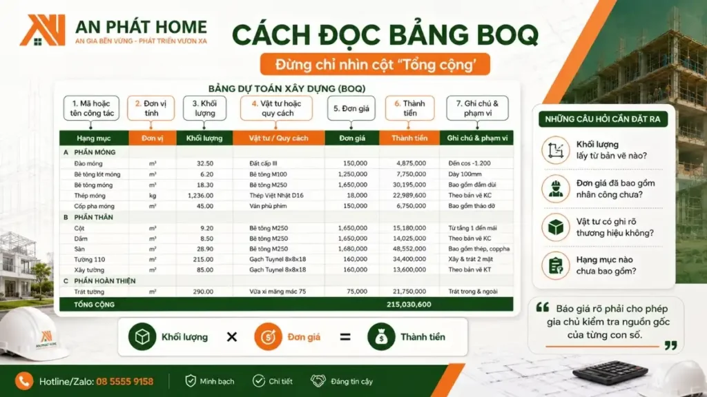 Các đọc bảng BOQ cụ thể cho dân xây dựng