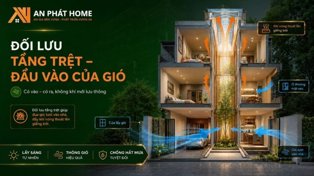 Đối lưu tầng trệt và đầu vào cửa gió phù hợp giúp căn nhà thông thoáng