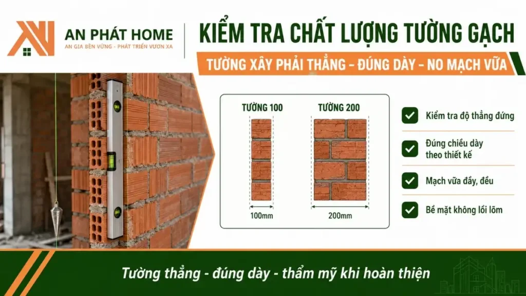 Kiểm tra kỹ chất lượng tường gạch trước khi trát giúp gia chủ yên tâm bức tường chắc chắn