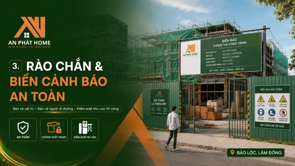 Rào chắn và các biển báo để đảm bảo an toàn xây dựng