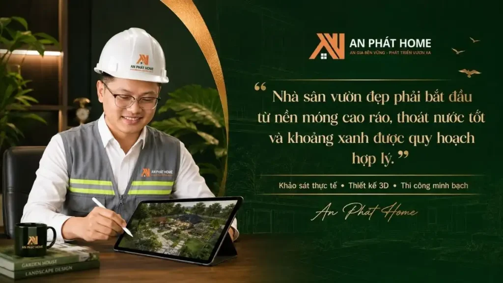 An Phát Home chú trọng nền móng, thoát nước và quy hoạch khoảng xanh ngay từ thiết kế để nhà sân vườn vừa đẹp vừa bền vững theo thời gian