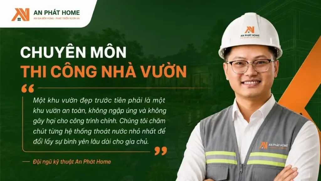 An Phát Home chú trọng thi công nhà vườn đúng kỹ thuật, từ hệ thống thoát nước, nền móng đến vật tư hoàn thiện, để không gian sống vừa đẹp vừa bền vững lâu dài