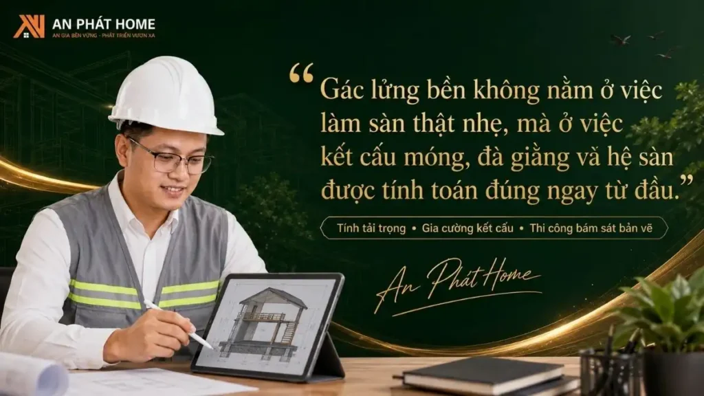 An Phát Home chú trọng tính toán tải trọng móng, đà giằng và hệ sàn ngay từ bản vẽ để hạn chế rung võng và tăng độ ổn định cho gác lửng