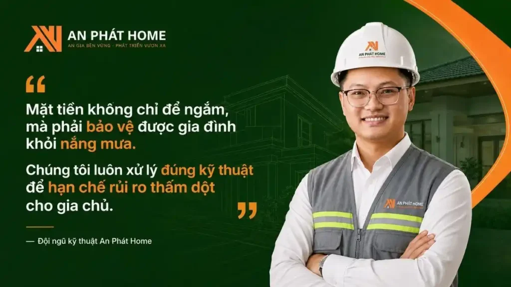 An Phát Home chú trọng xử lý mặt tiền đúng kỹ thuật để vừa đảm bảo thẩm mỹ, vừa hạn chế rủi ro thấm dột trước điều kiện mưa ẩm tại Bảo Lộc