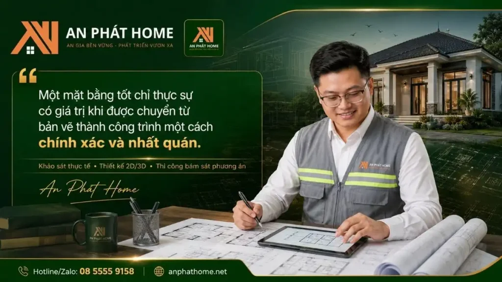 An Phát Home kết nối thiết kế 2D, phối cảnh 3D và thi công thực tế để công trình bám sát phương án đã thống nhất