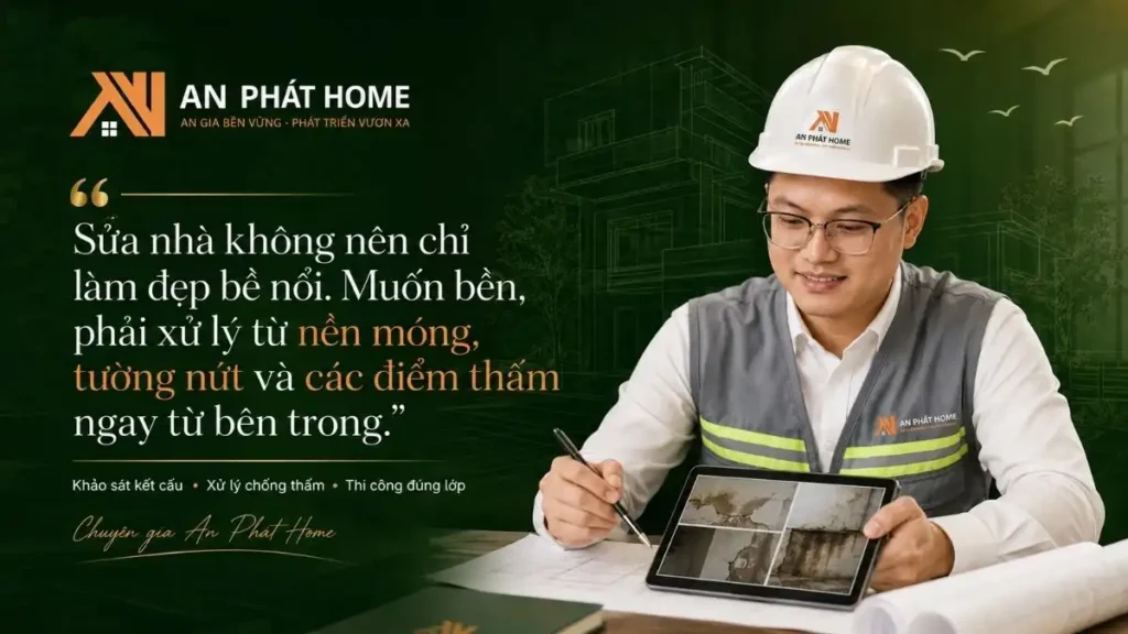 An Phát Home khuyến nghị cải tạo nhà cũ phải xử lý từ nền móng, tường nứt và các điểm thấm bên trong trước khi làm mới phần hoàn thiện bên ngoài