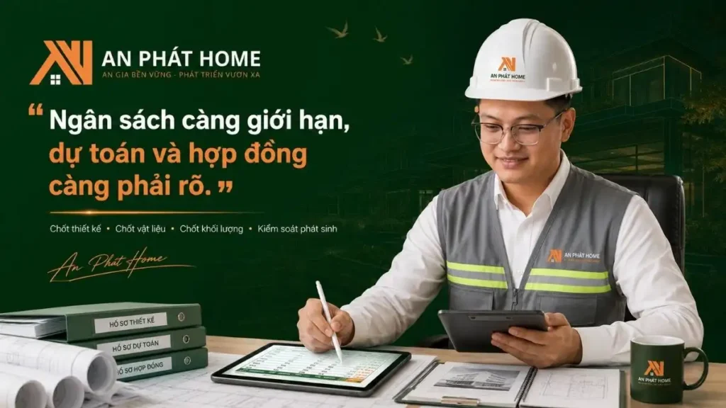 An Phát Home khuyến nghị chốt rõ thiết kế, vật liệu, khối lượng và dự toán ngay từ đầu để kiểm soát tốt các khoản phát sinh trong quá trình thi công