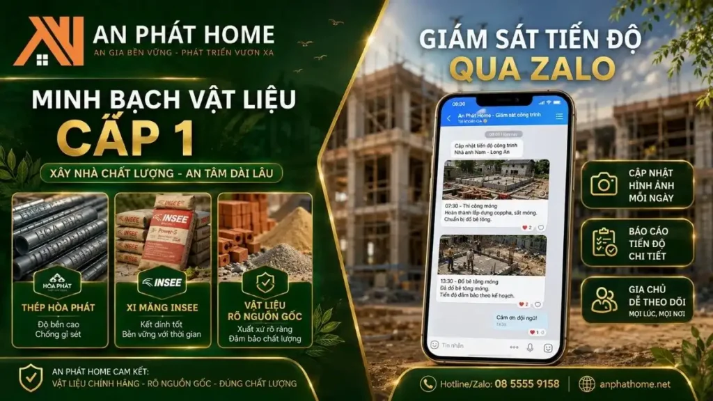 An Phát Home minh bạch vật liệu thi công và cập nhật hình ảnh, video tiến độ qua Zalo để gia chủ dễ dàng theo dõi công trình