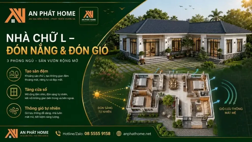 Bản vẽ nhà cấp 4 chữ L tận dụng khoảng sân đệm, tăng cửa sổ và hỗ trợ đón ánh sáng, thông gió tự nhiên