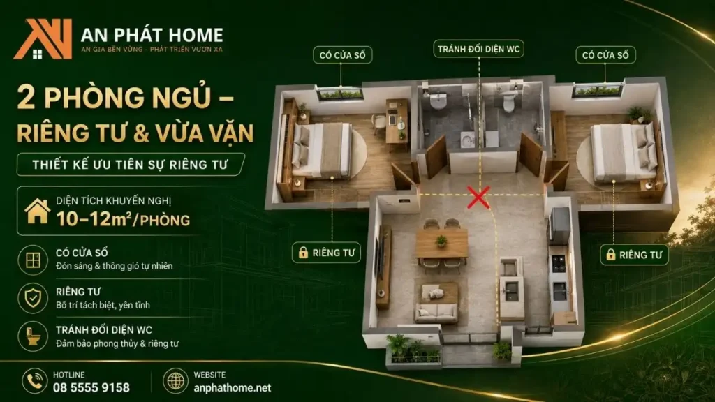 Bố trí 2 phòng ngủ riêng tư và đủ ánh sáng