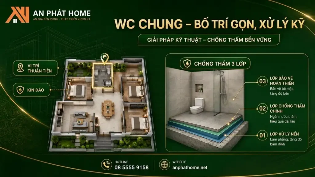 Bố trí WC chung và xử lý chống thấm đúng kỹ thuật