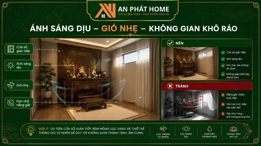 Bố trí ánh sáng và gió phù hợp cho khu vực thờ