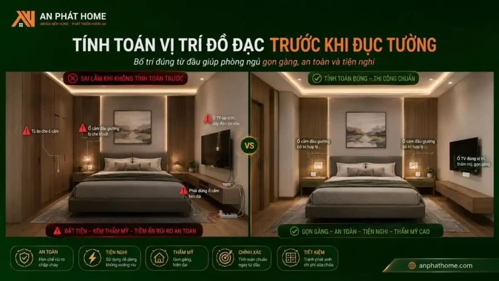 Bố trí điện phòng ngủ theo vị trí giường tủ nội thất