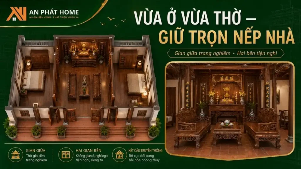 Bố trí gian giữa làm không gian thờ tự, hai bên phục vụ sinh hoạt và nghỉ ngơi giúp giữ trọn nếp nhà truyền thống