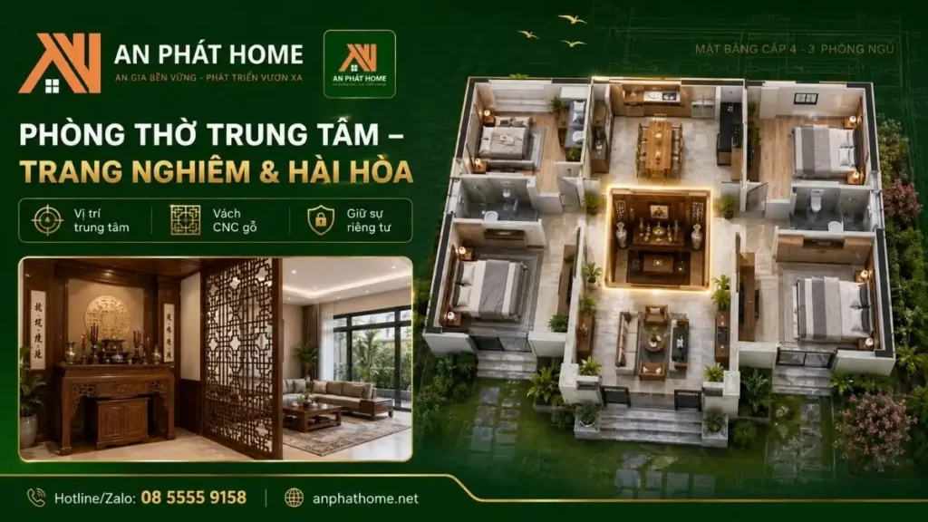 Bố trí phòng thờ ở vị trí trung tâm giúp không gian thờ tự trang nghiêm, hài hòa và thuận tiện với công năng sinh hoạt