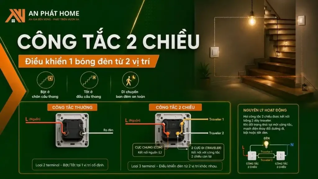 Cấu tạo công tắc 2 chiều trong mạch điện cầu thang