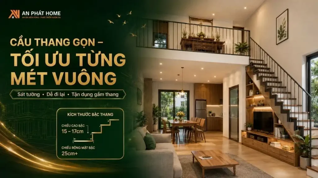 Cầu thang bố trí sát tường kết hợp tận dụng gầm thang giúp tiết kiệm diện tích và tăng tính tiện dụng cho nhà gác lửng