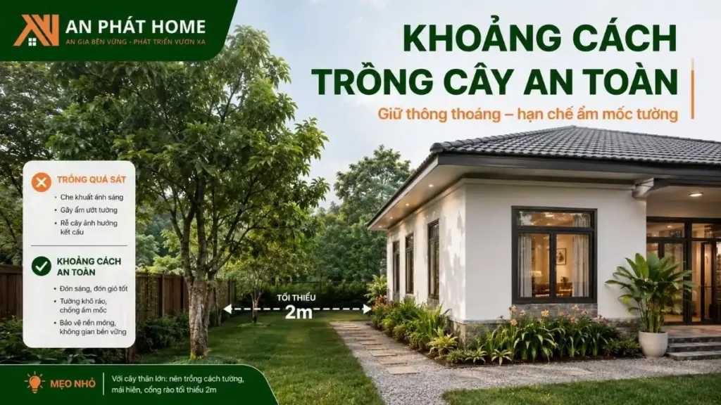 Cây xanh nên được bố trí cách nhà tối thiểu khoảng 2m để giữ độ thông thoáng, hạn chế ẩm mốc tường và tránh ảnh hưởng đến kết cấu công trình