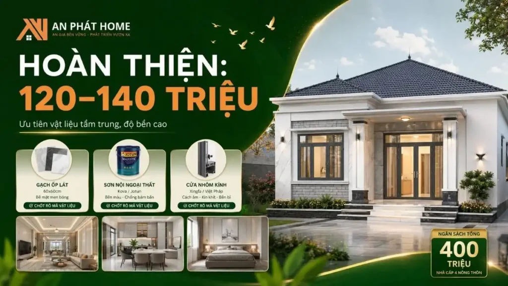 Chi phí hoàn thiện khoảng 120–140 triệu phù hợp với vật liệu tầm trung, tập trung vào gạch ốp lát, sơn bả, cửa và các hạng mục hoàn thiện cơ bản