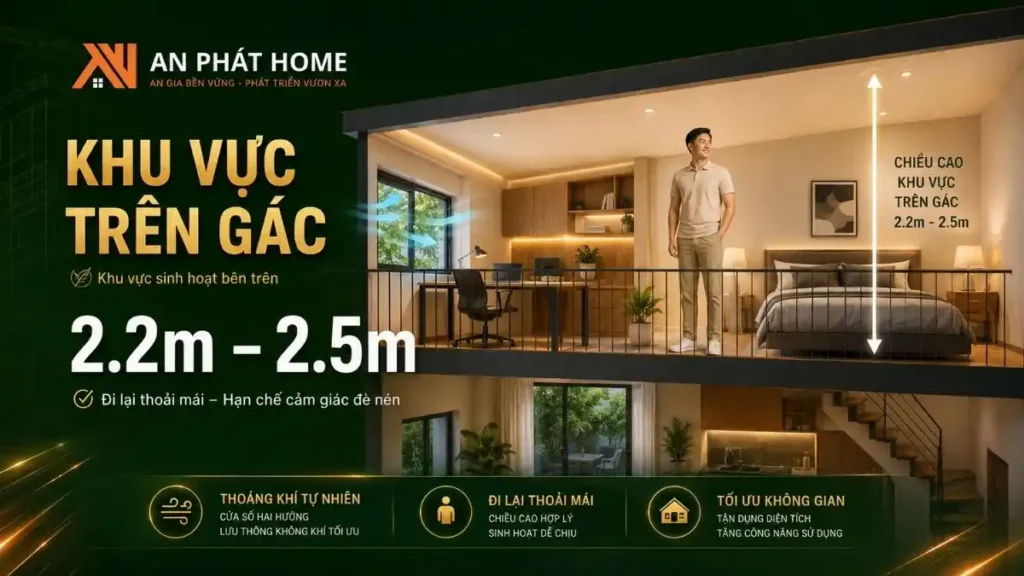 Chiều cao gác lửng 2.2m đến 2.5m dễ sử dụng