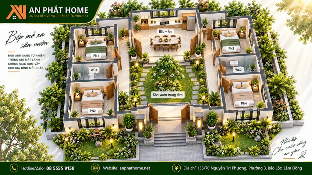 Chữ U + bếp nhìn ra vườn