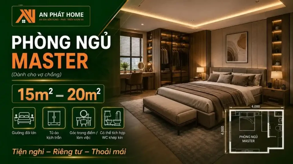 Diện tích phòng ngủ Master nhà cấp 4 từ 15 đến 20m2