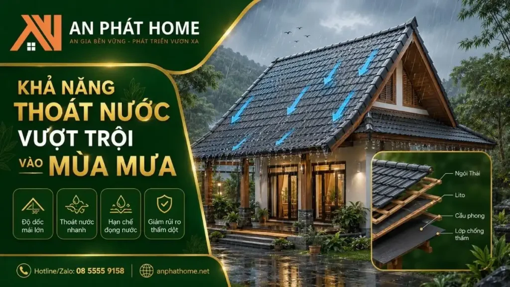 Độ dốc lớn của mái Thái giúp nước mưa thoát nhanh, hạn chế đọng nước và giảm rủi ro thấm dột từ phần mái