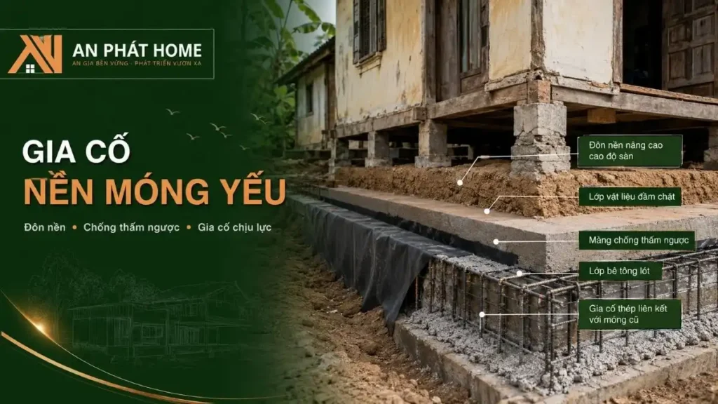Đôn nền, chống thấm ngược và gia cố liên kết với móng cũ giúp cải thiện độ ổn định và hạn chế ẩm ngược từ nền nhà