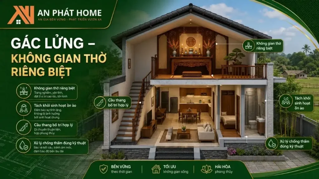 Gác lửng tạo không gian thờ riêng và yên tĩnh