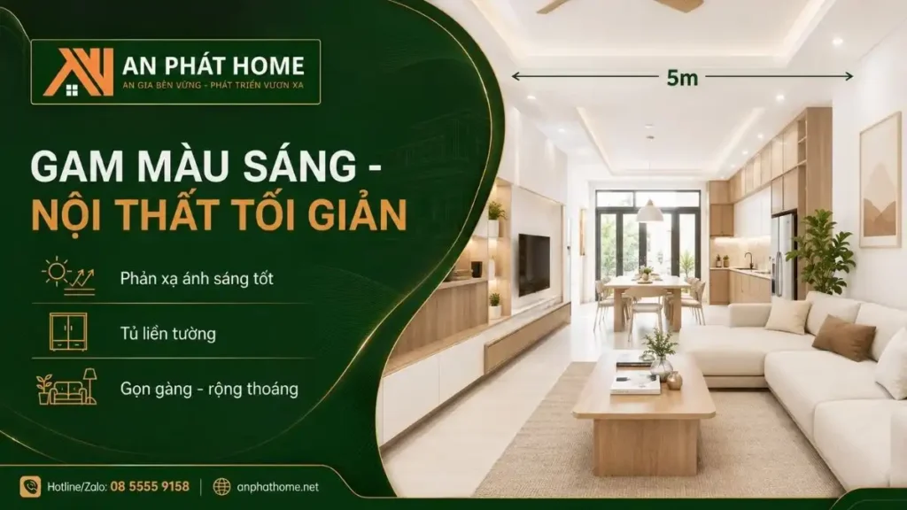 Gam màu sáng giúp không gian 5x20 rộng hơn