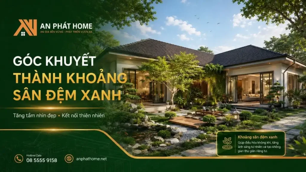 Góc khuyết của nhà chữ L có thể tận dụng làm sân đệm xanh, tiểu cảnh hoặc khu thư giãn kết nối với thiên nhiên