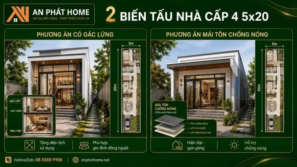 Hai biến tấu mặt bằng nhà cấp 4 5x20 phổ biến