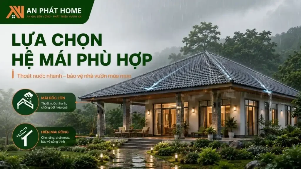 Hệ mái dốc cao, mái đua rộng là giải pháp phù hợp cho nhà vườn tại Bảo Lộc, giúp thoát nước nhanh và che chắn công trình tốt hơn khi mưa nhiều