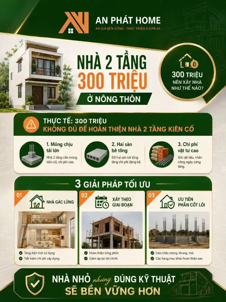 Infographic giải pháp xây nhà 2 tầng 300 triệu ở nông thôn
