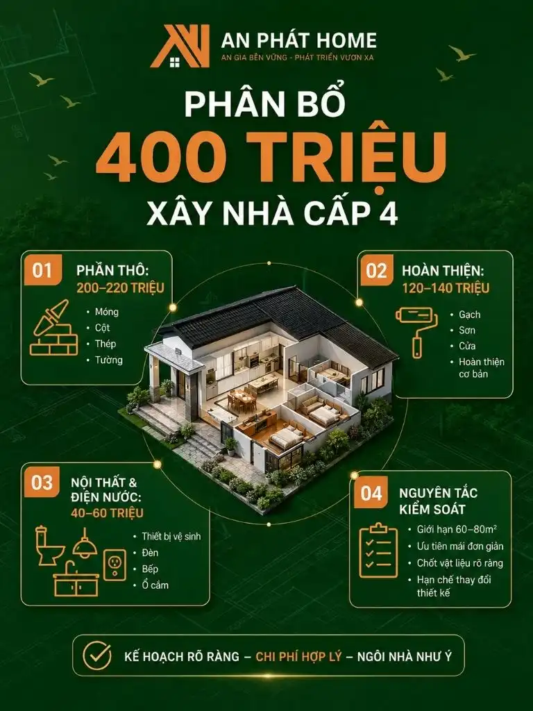 Infographic phân bổ ngân sách 400 triệu cho phần thô, hoàn thiện, nội thất – điện nước và các nguyên tắc kiểm soát chi phí khi xây nhà cấp 4