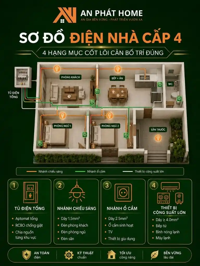 Infographic sơ đồ điện nhà cấp 4 bố trí an toàn kỹ thuật