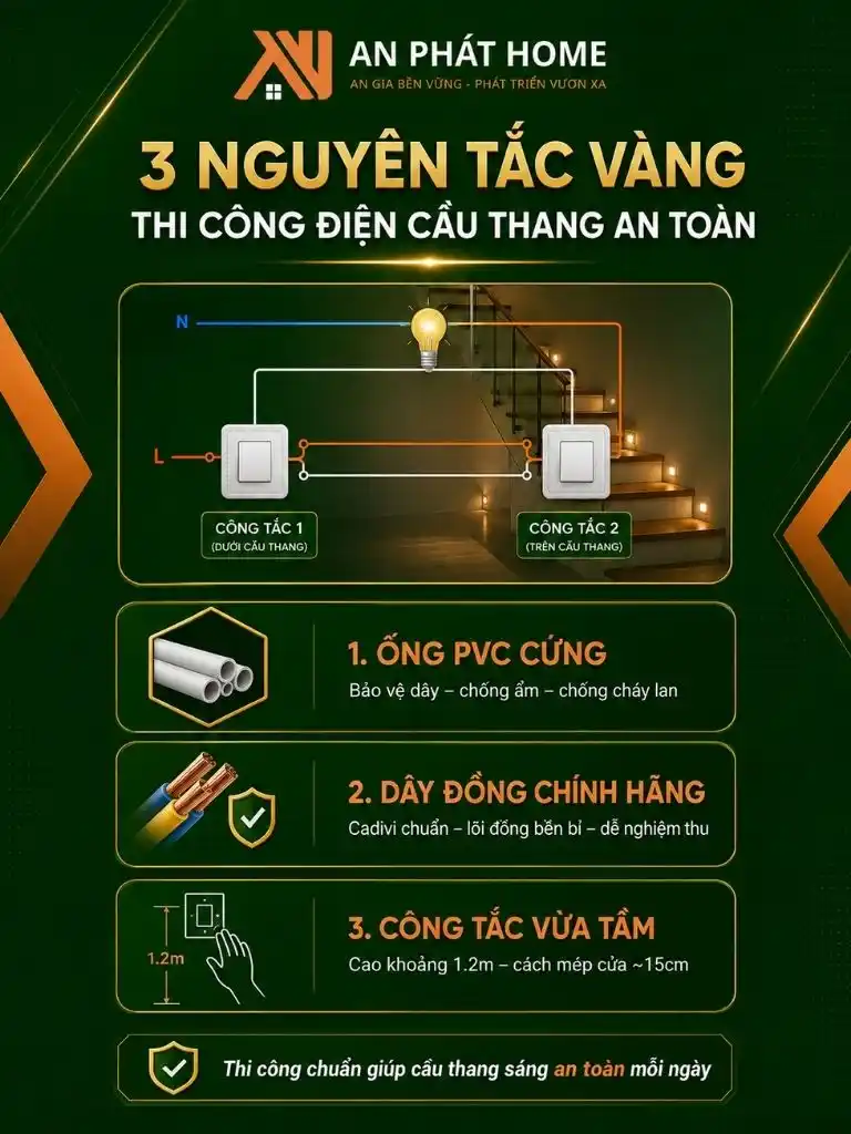 Infographic sơ đồ mạch điện cầu thang 2 công tắc