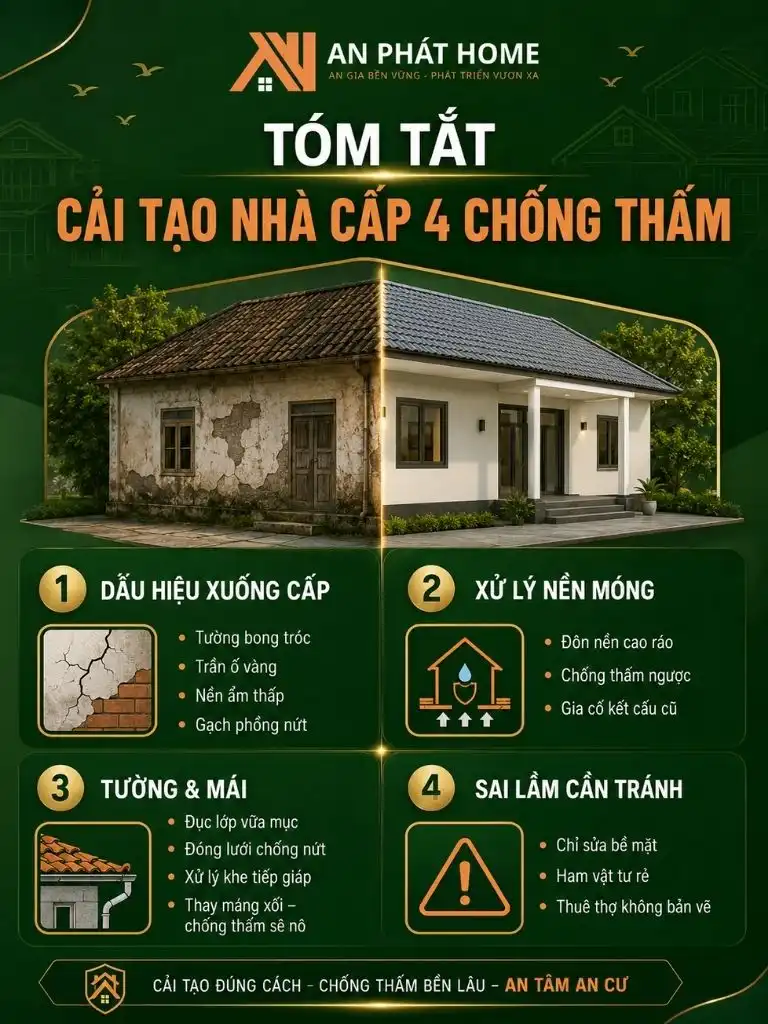 Infographic tóm tắt các dấu hiệu xuống cấp, giải pháp xử lý nền móng, tường, mái và những sai lầm cần tránh khi cải tạo nhà cấp 4 cũ