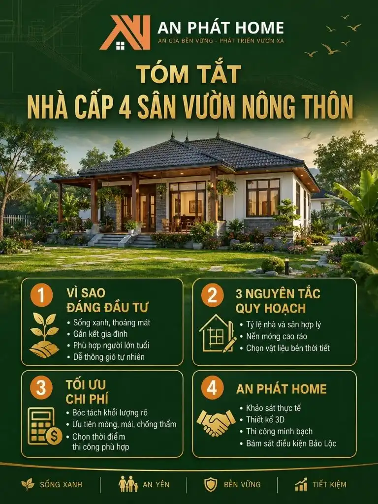 Infographic tóm tắt các nguyên tắc quy hoạch, giải pháp nền móng, lựa chọn vật liệu và cách tối ưu chi phí khi xây nhà cấp 4 sân vườn nông thôn