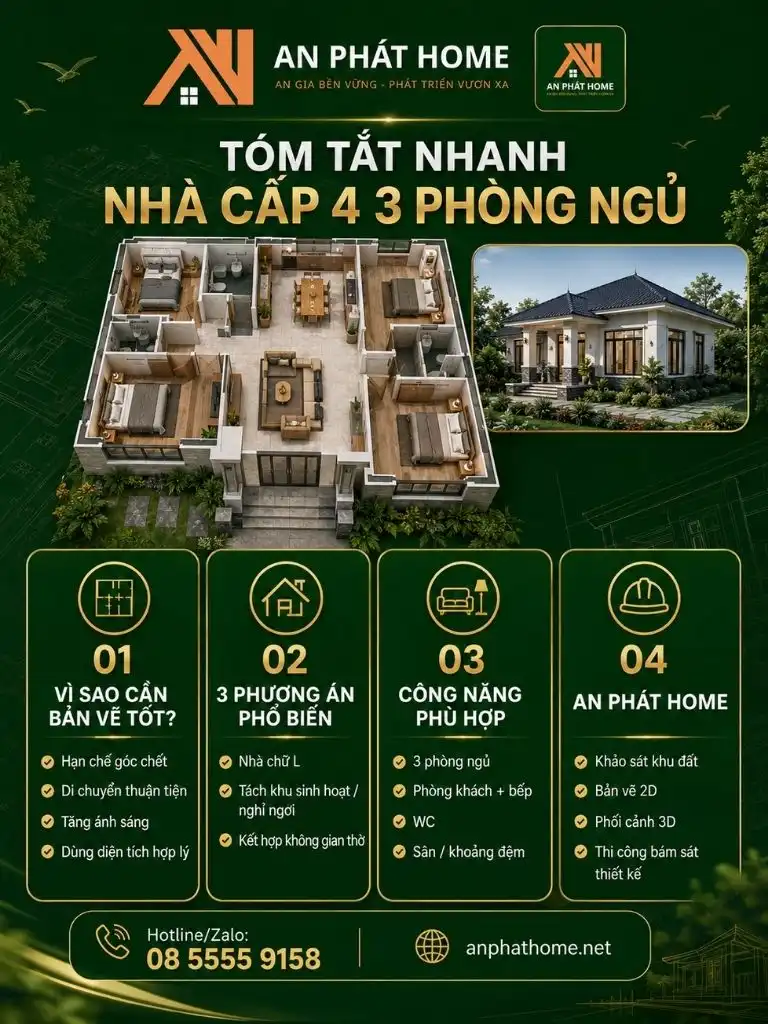 Infographic tóm tắt các phương án bố trí mặt bằng nhà cấp 4 nông thôn 3 phòng ngủ khoa học và tiện nghi