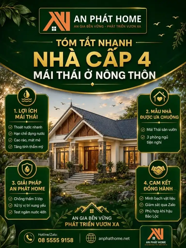 Infographic tóm tắt ưu điểm, mẫu thiết kế và giải pháp thi công nhà cấp 4 mái Thái ở nông thôn