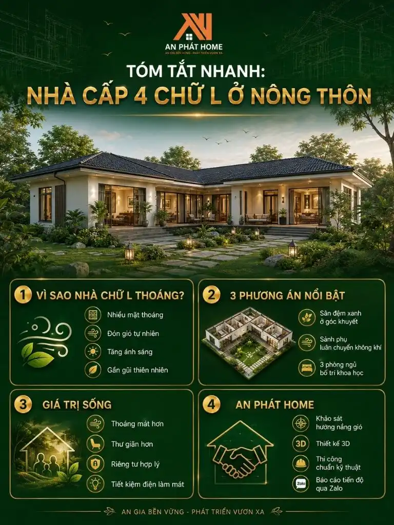 Infographic tóm tắt ưu điểm, phương án bố trí và giải pháp thiết kế nhà cấp 4 chữ L ở nông thôn