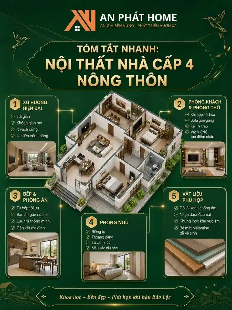 Infographic tóm tắt xu hướng thiết kế, cách bố trí các không gian chính và lựa chọn vật liệu phù hợp cho nội thất nhà cấp 4 nông thôn