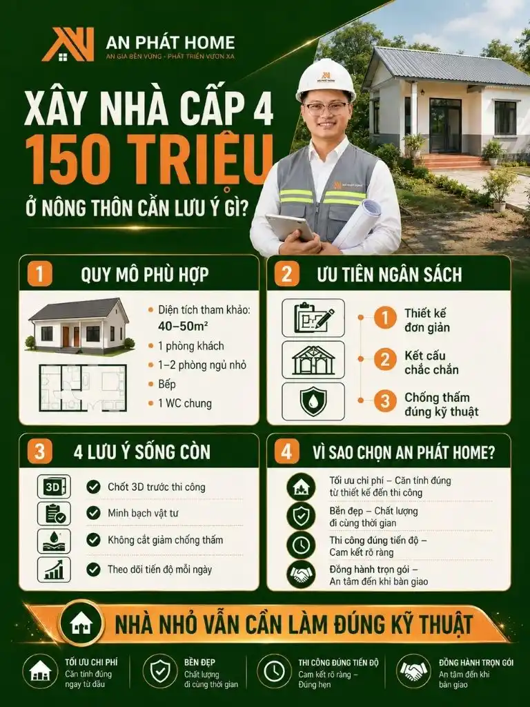 Infographic xây nhà cấp 4 150 triệu ở nông thôn