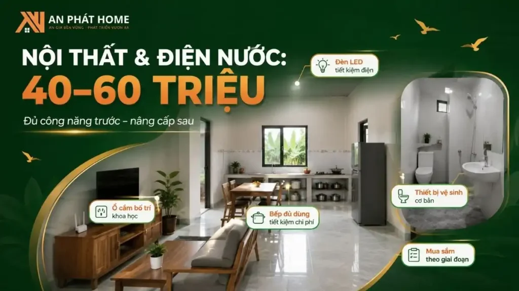 Khoảng 40–60 triệu có thể dành cho nội thất cơ bản, thiết bị vệ sinh, chiếu sáng và hệ điện nước theo tiêu chí đủ dùng trước, nâng cấp sau