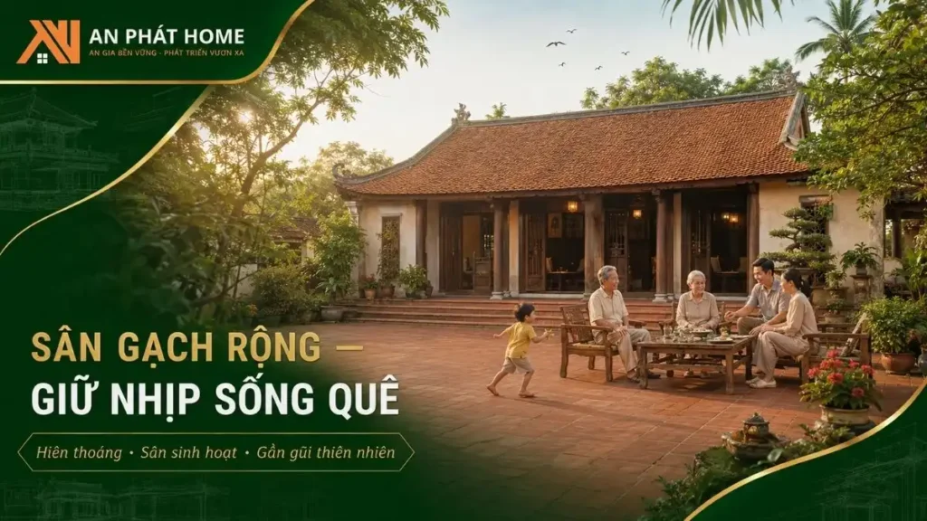 Khoảng sân gạch rộng và hàng hiên thoáng tạo không gian sinh hoạt gần gũi, bình yên và đậm chất nông thôn Việt