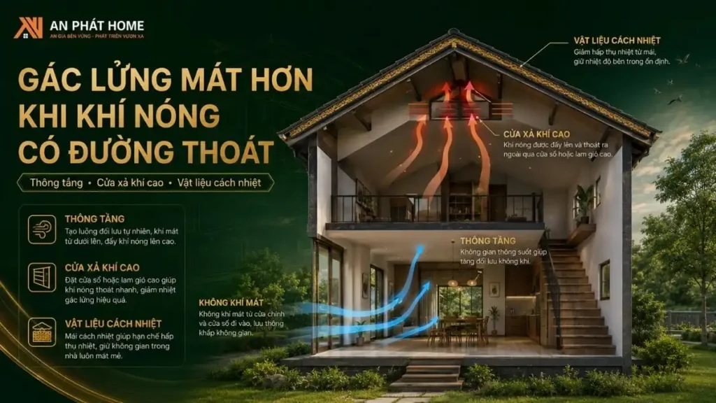 Khoảng thông tầng, cửa xả khí trên cao và vật liệu cách nhiệt giúp tăng lưu thông không khí, hỗ trợ giảm nóng cho khu vực gác lửng