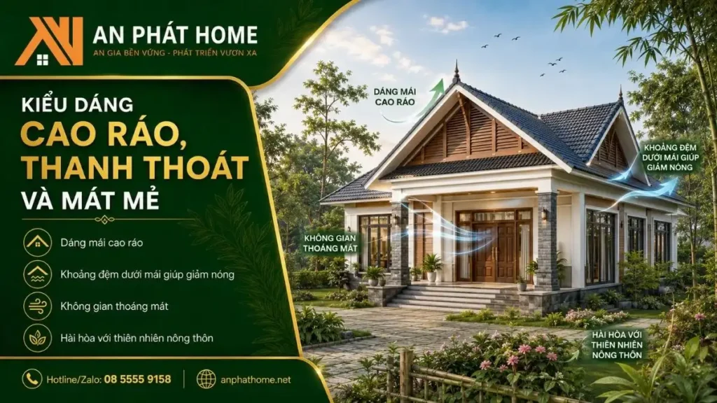 Kiểu dáng mái Thái cao ráo tạo vẻ thanh thoát, đồng thời hỗ trợ thông thoáng và giảm nóng cho không gian bên trong